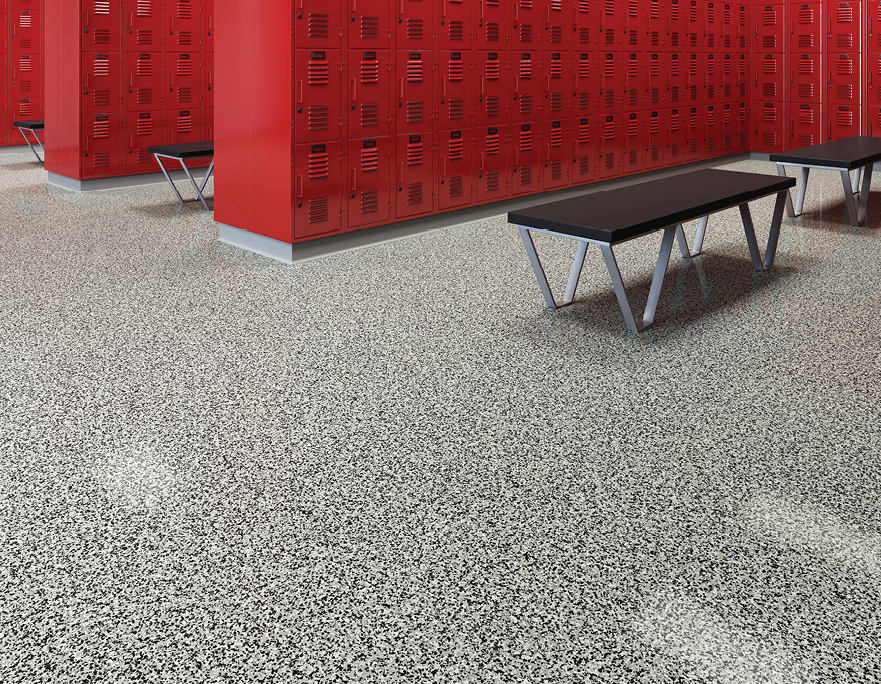 Locker room at a higher education facility with resin floor by Patcraft